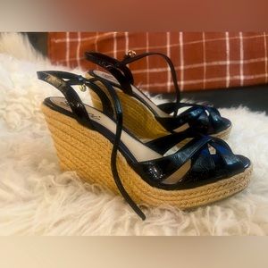 Gucci Embossed Black Patent Leather/Jute Espadrille Wedge Sandals - Size US 6.5